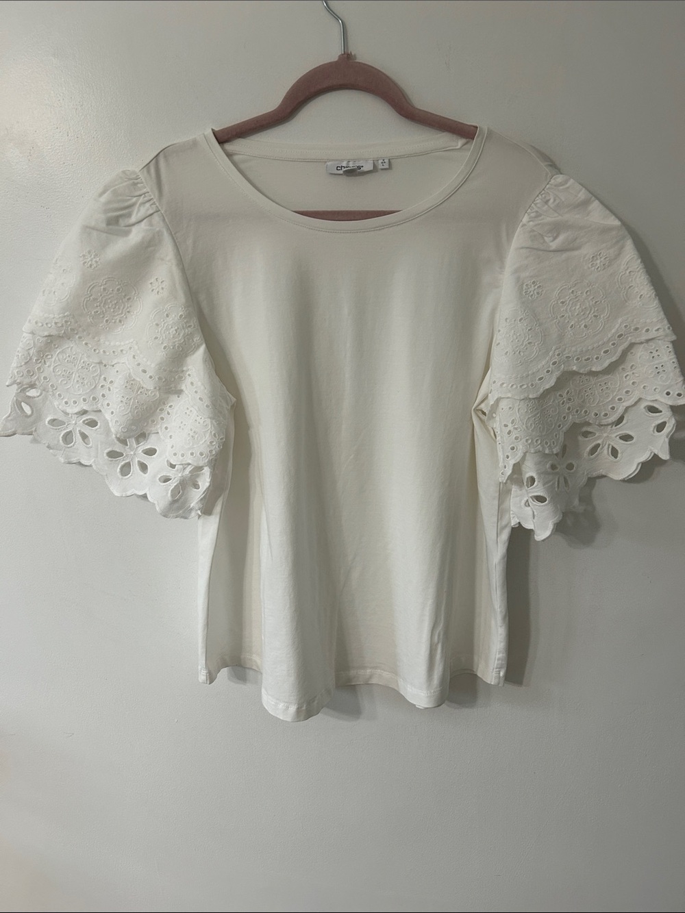 Chico's Top Women's L Eyelet Dramatic Puff Sleeve White Cotton Statement Blouse